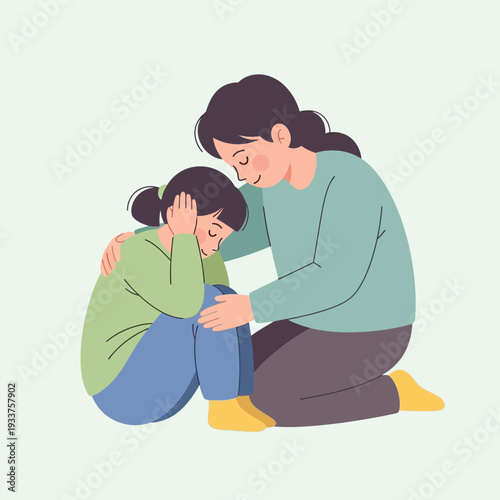 Mother comforting her sad daughter.