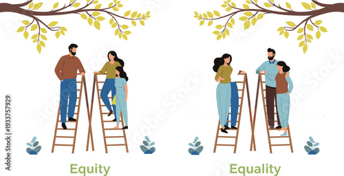 Equity vs Equality Concept Illustration, Diverse People on Ladders Representing Social Justice and Fairness