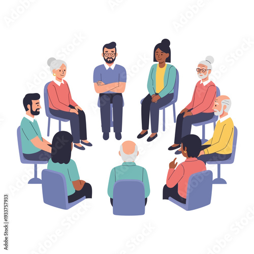 Diverse group of people sitting in a circle for a support meeting.