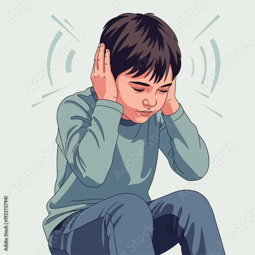 Young boy covering ears due to loud noise.