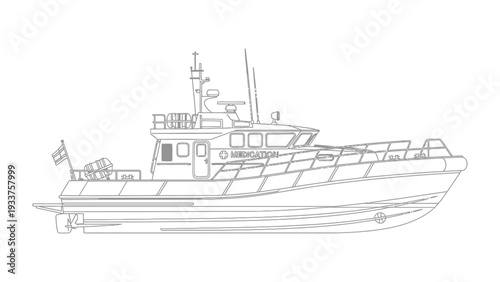 Coastal Guardian: A detailed line drawing showcases a robust patrol boat, symbolizing strength and vigilance in maritime security.