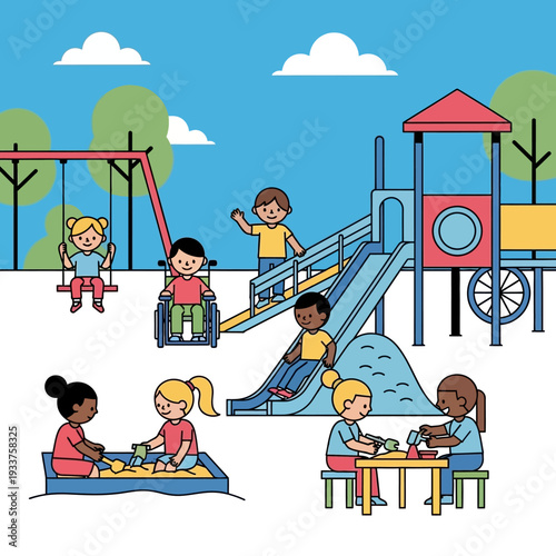 Diverse children playing together in an inclusive playground.