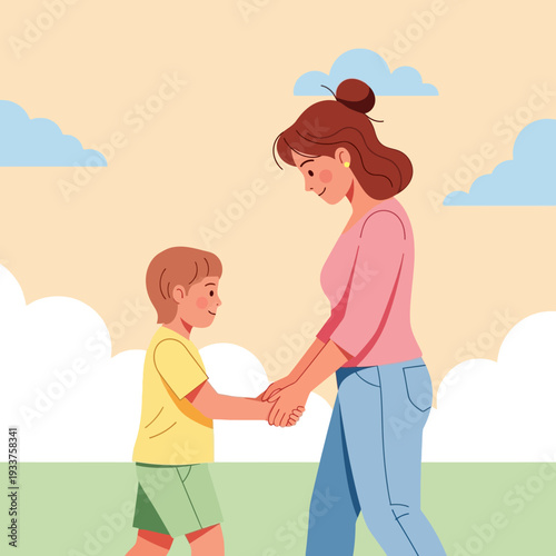 Mother and son holding hands walking outdoors.