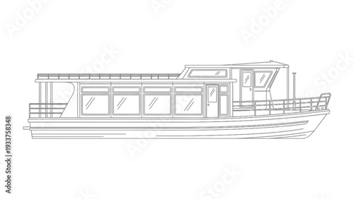 Serene River Cruiser: A side profile of a meticulously rendered river cruise ship, conveying an aesthetic of timeless elegance and leisurely aquatic travel.