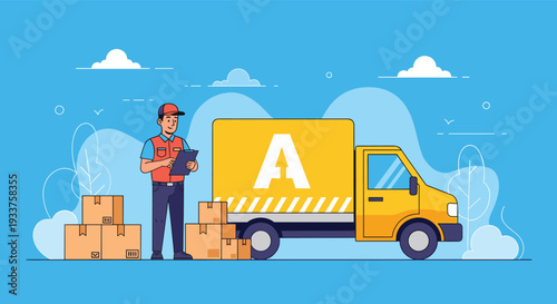 Delivery man standing next to a yellow cargo truck and stacks of cardboard boxes in an outdoor warehouse setting for shipping.