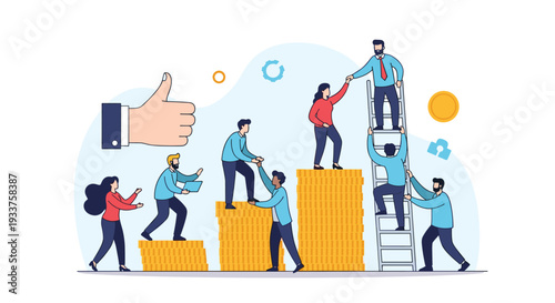 Group of people collaborating to climb giant gold coin stacks using a ladder with a large thumbs up symbol representing business success.