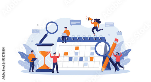 Conceptual business planning illustration featuring small people working around a giant calendar, hourglass, and magnifying glasses.