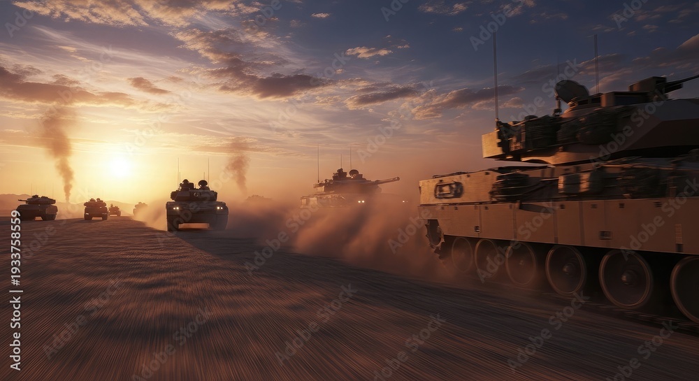 Fototapeta premium A heavy armored military tank and a green army jeep transport powerful weapons across a battlefield during a dramatic sunset in the city of London near a busy airport