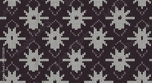 Repeating ethnic knitted pattern in dark brown and white featuring geometric star and diamond shapes for winter textile backgrounds.