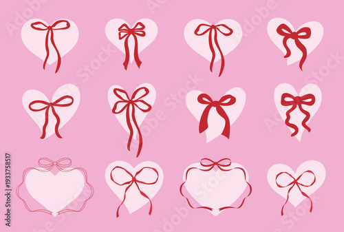 Valentines heart icons with red bows. Hand drawn love hearts. Vector illustration. Heart in red color, party icon for design. Love, romance hearts. Vector icons. Heart love symbol, bows. For gifts, Va