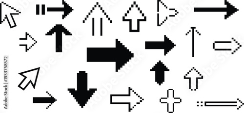 Pixel Art Arrow Cursor Vector Icon Set for Retro Digital Interface Website Navigation and Menu Button Design