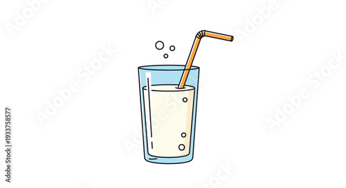 Simple hand drawn illustration of a glass of milk with a striped straw and small bubbles on a plain white background for nutrition.