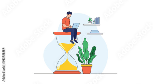 Young man sitting on top of a giant hourglass and working on a laptop representing productivity, deadlines, and time management.