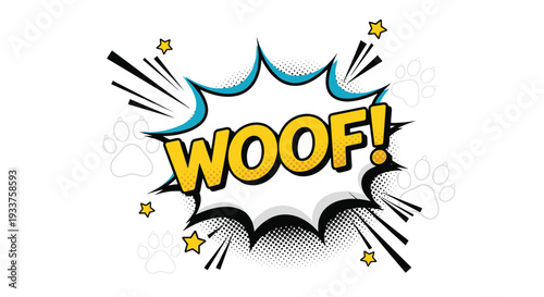 Woof dog bark sound effect in a yellow comic book style burst with blue edges, stars, and faded paw prints on a white background.