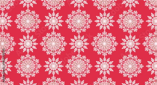 Repeating winter holiday pattern of intricate white snowflake mandalas on a vibrant solid red background for christmas themes.