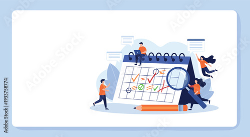 Team of business people marking important dates on a large calendar with magnifying glass and pencil for project planning.