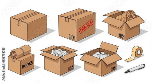 Collection of Cardboard Boxes and Packing Supplies.