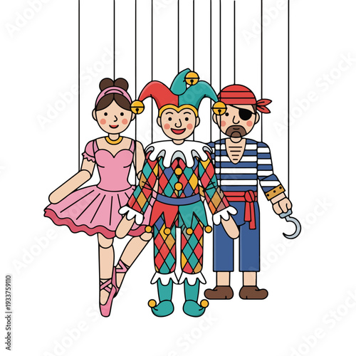 Marionette puppets of ballerina, jester, and pirate hanging from strings, colorful characters, playful scene, vector illustration