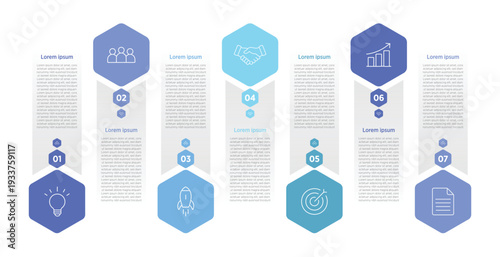 Modern vector timeline infographic with 7 sequential steps, icons, and colorful segments for business presentations, project roadmaps, or workflow diagrams.