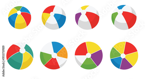 Variety of colorful beach ball illustrations with different stripe patterns and color combinations for summer fun.