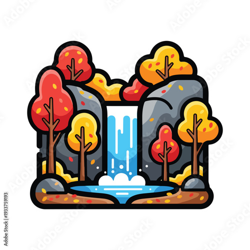 Illustration of waterfall landscape with autumn trees and rocky cliffs, vector graphic, front view