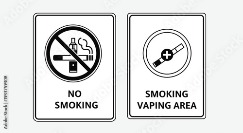 Set of two signs showing no smoking and designated smoking vaping area symbols for public space information.