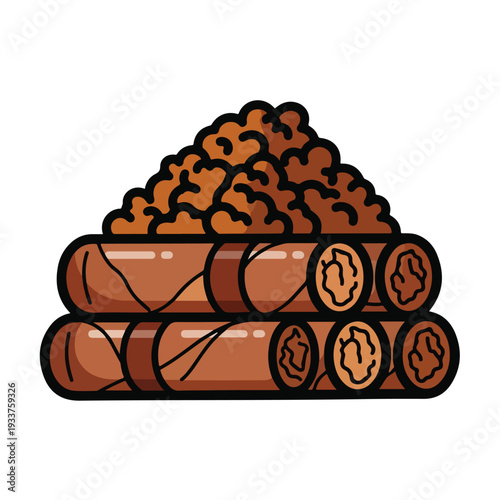 Stacked logs with a heap of brown material on top in a storage or industrial setting illustration