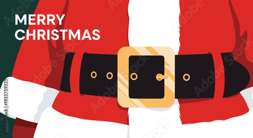 Extreme close up of Santa Claus costume with red coat black belt and golden buckle for Christmas holiday design.