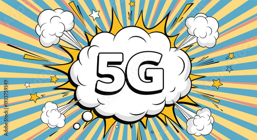 5G network communication technology in pop art comic style with explosion bubble and radial sunburst lines background design.