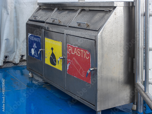 Waste Sorting Bin on Ship Deck for Plastic Food and Packaging Recycling