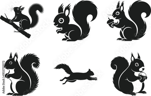 Squirrel Silhouette Set with Cute Woodland Animal Poses Vector