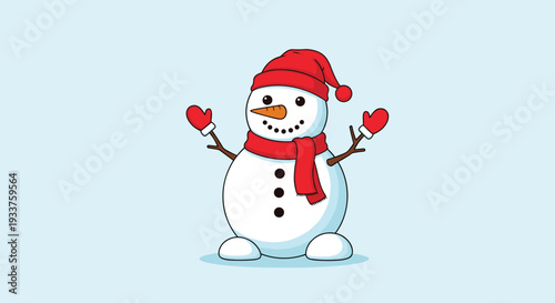 Cute cartoon snowman wearing a red hat scarf and mittens isolated on a soft blue background for winter holiday season.