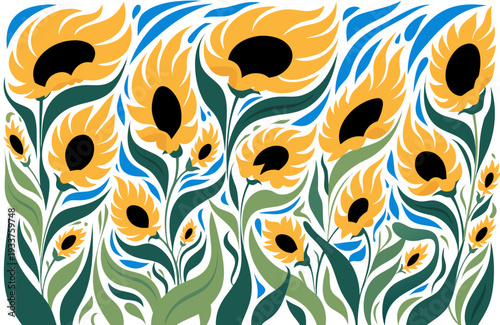 A vibrant floral vector illustration of sunflowers in a modern flat design style
