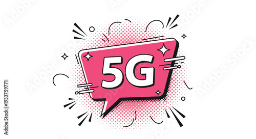 5G technology internet network logo in a pink comic speech bubble with halftone pattern and decorative stars.