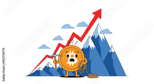 Bitcoin character with mining tools in front of mountains and a rising red arrow for cryptocurrency growth concepts.