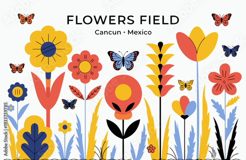 A colorful vector illustration of a vibrant flower field with butterflies in a flat design style