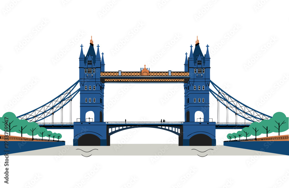 Fototapeta premium A vibrant illustration of Tower Bridge in London, showcasing its iconic design and architecture in a flat, minimal style.