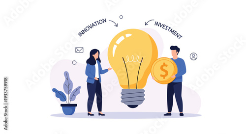 Man and woman characters holding a giant light bulb and a gold coin representing innovation and financial investment.