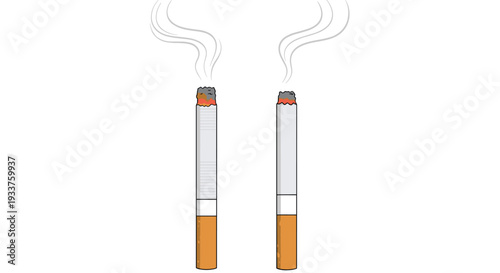 Two lit cigarettes with smoke rising isolated on a white background for health and addiction awareness campaigns.