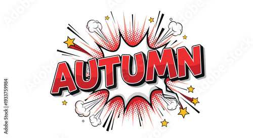 Autumn season banner in comic book pop art style with red text explosion and yellow stars on white background.
