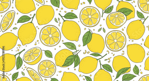Fresh yellow lemons and slices seamless pattern with green leaves on white background for kitchen and food design.