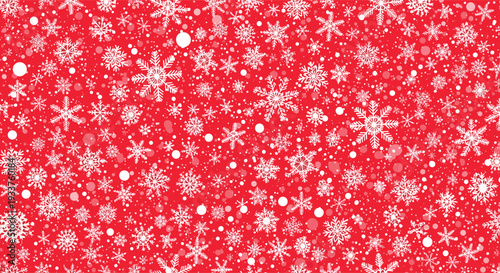 Beautiful winter pattern showcasing a dense collection of white snowflakes in various shapes and sizes over a vibrant red background for the holiday season.