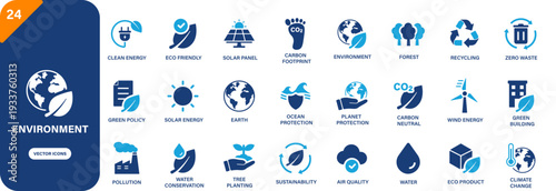 Environment icon collection featuring carbon footprint, forest, wind energy, pollution and tree planting symbols. Solid vector icons.