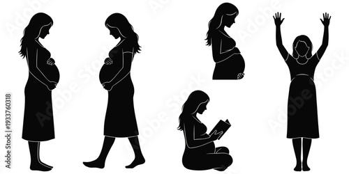 Pregnant woman silhouette illustration set, black line art design, maternity pose motif, motherhood artwork, pregnancy activity symbol, decorative motif, flat vector drawing