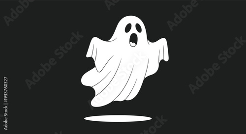 Spooky yet cute cartoon ghost character floating on a dark background, perfect for Halloween celebrations, invitations, and spooky themed projects.