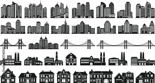 Black silhouette cityscape set with urban buildings skyscrapers bridges houses and industrial factories isolated on white background vector architectural collection