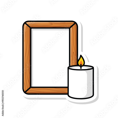 A wooden picture frame with a lit candle beside it in a serene domestic setting