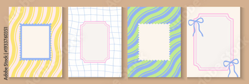 Summer party poster set. Vintage hand drawn frames with wavy lines, bows, checkered and striped backgrounds.  geometric memphis style banner, cards, flayer with fluid uneven organic seamless lines.