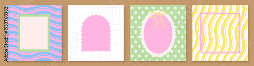 Summer party poster set. Vintage hand drawn frames with wavy lines, bows, checkered and striped backgrounds.  geometric memphis style banner, cards, flayer with fluid uneven organic seamless lines.