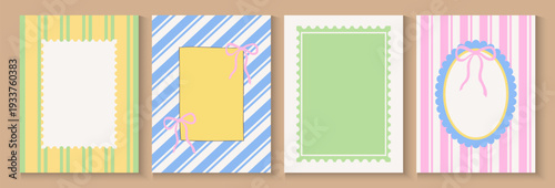 Summer party poster set. Vintage hand drawn frames with wavy lines, bows, checkered and striped backgrounds.  geometric memphis style banner, cards, flayer with fluid uneven organic seamless lines.